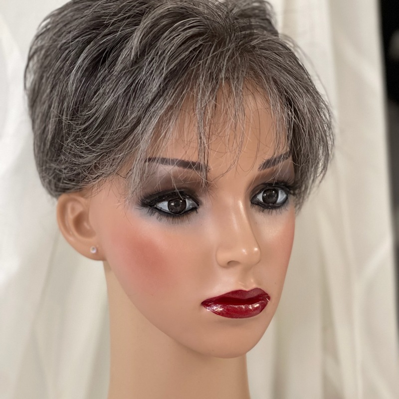 Custom Human Gray Hair Hand Tied Form Fitted to Client. Short Wig.  Color Highlights to Spec.  Medical wig cranial prosthesis
